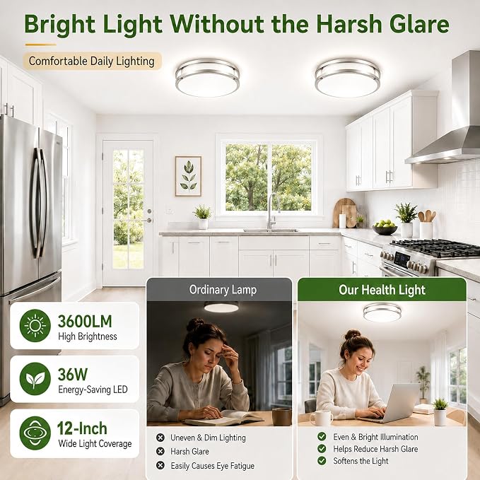 2-Pack 36W Dimmable LED Ceiling Light Fixtures Super Bright 3600LM, 12in Modern Flush Mount Ceiling Light, 2700K/3000K/4000K/5000K/6500K Adjustable Brushed Nickel Ceiling Lamp for Living Room Bathroom