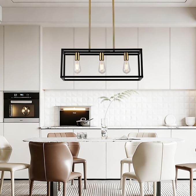 Farmhouse Kitchen Island Lighting, Modern Industrial Chandelier, 3-Light Black&Brushed Brass Linear Rectangular Pendant Light Fixtures for Farmhouse Kitchen Dining Room Bar Foyer
