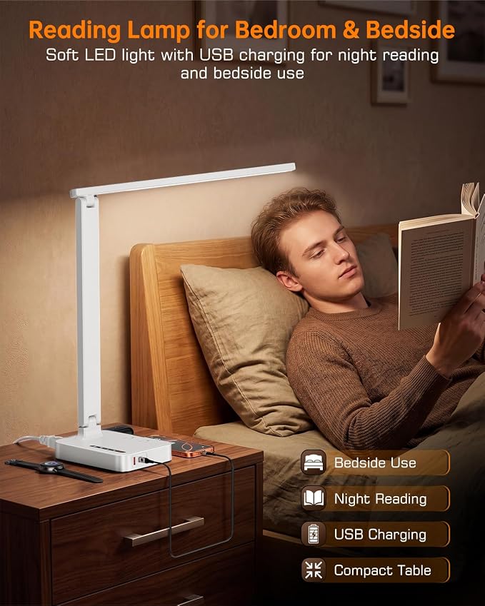 LED Desk Lamp for Dorm Office, USB-C & 2 AC Outlets Charging, White | LED Desk Lamps for Home Office with 2 USB Charging Ports(1 USB-C), 2 AC Outlets, Foldable Small Desk Lamp for Study Reading