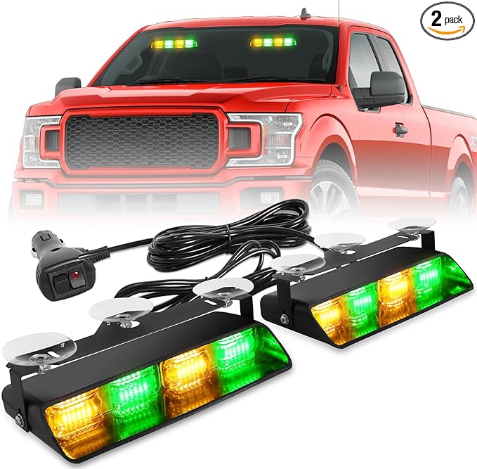 HLauto 2002L Emergency Dash Strobe Lights: Amber Green Safety Lights, Flashing Warning Hazard Windshield Visor Traffic Light Bars for Trucks, Construction Vehicles (2x8.5 inch, 48LED)