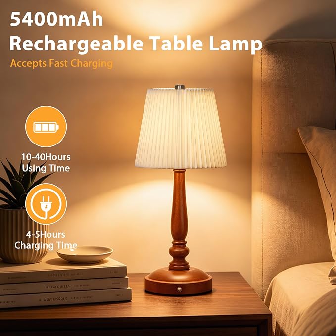 15.5'' Wireless Table Lamp, 5400mAh Rechargeable Small Bedside Lamp, White | Wood Base, Fabric Lampshade, Built-in LED, 3 CCT, Stepless Dimming, Memory Function, Nightstand Lamp for Bedroom, Living Room