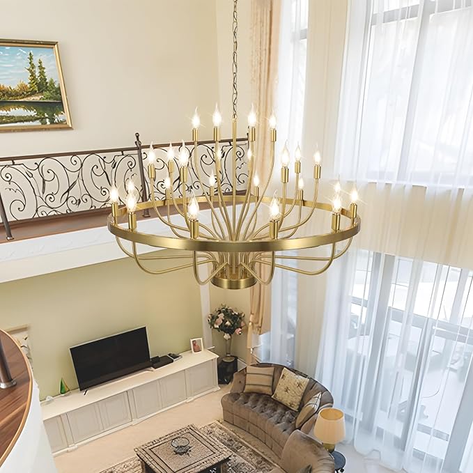 Gold Chandelier 24 Light Large Chandelier for High Ceilings, Farmhouse Wagon Wheel 39in 3-Tier for Dining Room, Hallway, Living Room, Foyer