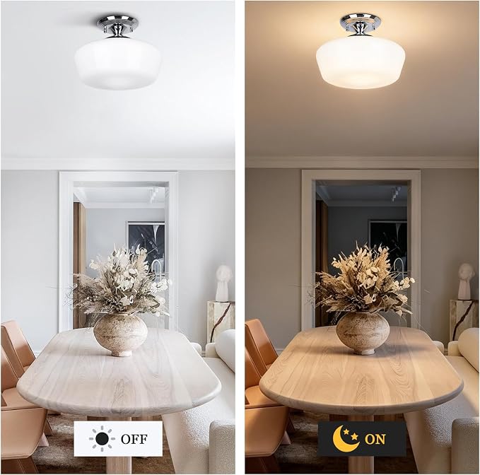 Schoolhouse Style Semi Flush Mount Ceiling Light Fixture, 12" Modern Chrome Hallway Ceiling Lamp with Opal Milk Glass Shade, Farmhouse Globe Light for Bedroom Kitchen Hallway Entryway Laundry