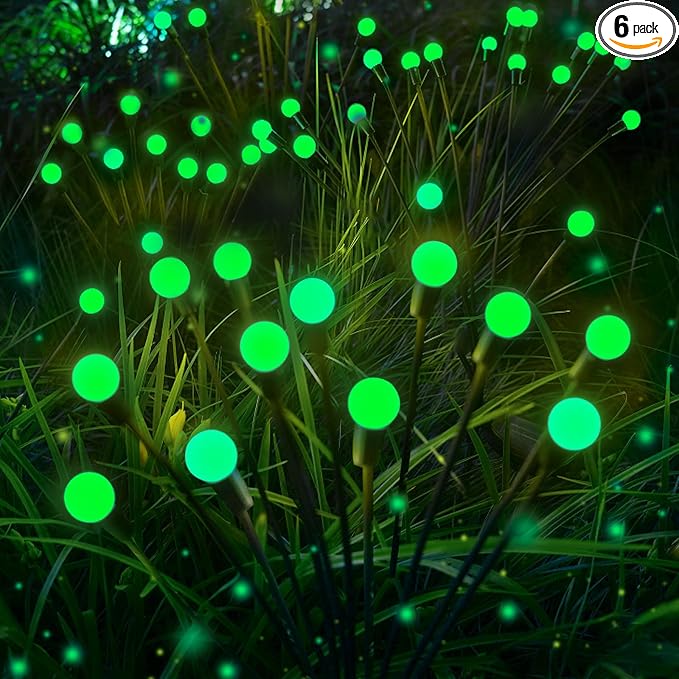 Halloween Decorations Outdoor Solar Firefly Lights 6 Pack 48 LED Green | 2 Lighting Modes, Memory Function and Auto On/Off, Sway with Wind, Waterproof Halloween Decor for Outside Horror Party Garden