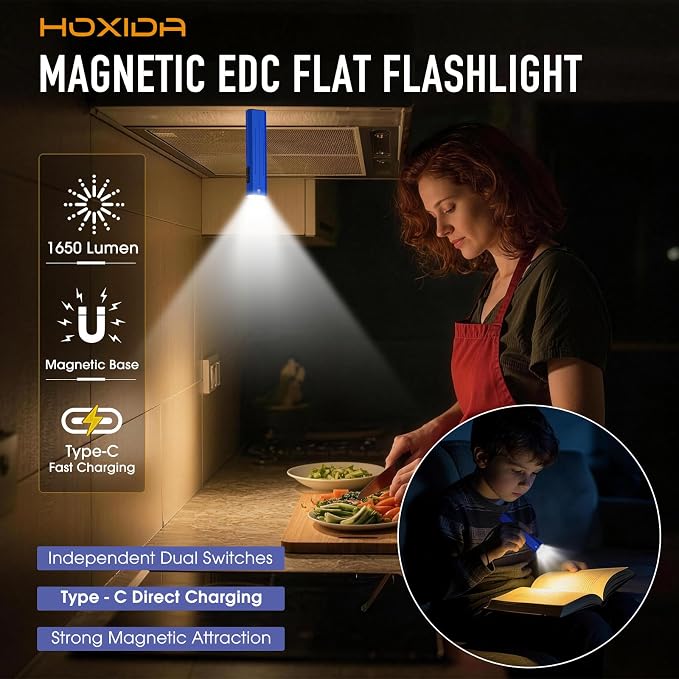 2pack Rechargeable EDC Flashlight - Emergency One Click Strobe Mode, 1600 High Lumens Portable Pocket light Mini Flashlight , Magnetic Small EDC Slim Flat Flashlight for Working Camping Repairing Blue