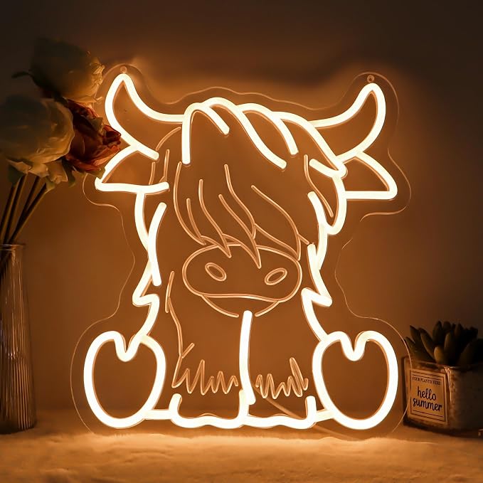 Highland Cow Neon Sign | Dimmable, 11.4 x 12.6 inch, USB Powered, Wall Art Decor, For Room Office Bar Garage,Warm White