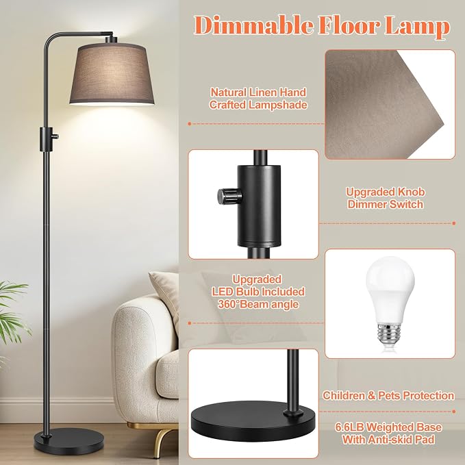 【Upgraded】 Dimmable Black Floor Lamps, 1000 Lumens LED Edison Bulb Included, Arc Black Floor Lamps for Living Room Modern Standing Lamp with Khaki Shade, Tall Lamps for Living Room Bedroom Office