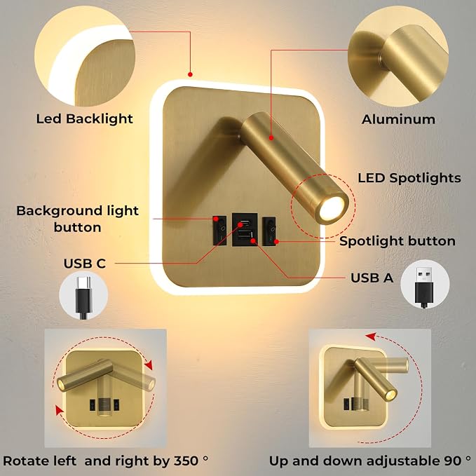 LED Wall Lamp With Wall Mounted Reading Lights,Modern Wall Sconce Plug in for Bedroom or Living Room With Charging Station USB C+A Ports,Headboard Bedside Lamps With 3W+9W Night Light 3000K