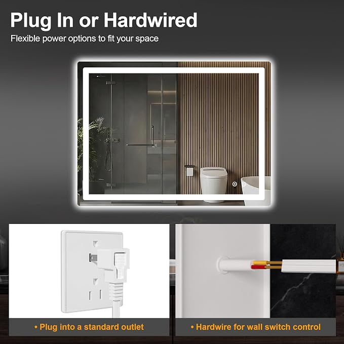 LED Bathroom Mirror with Lights, 30 x 40 Lighted Vanity Wall Mirror | Backlit and Frontlit, Anti-Fog, Dimmable 3 Colors, Shatter-Proof Tempered Glass, Memory Function, Plug-in/Hardwired