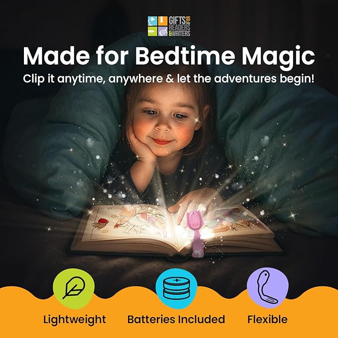 Gifts for Readers & Writers Book Light for Kids, Clip On Reading Light for Bed, 2in1 Flexilight Pals & Bookmark, Small & Lightweight with a Soft Glow, 2 Batteries Included, Cat
