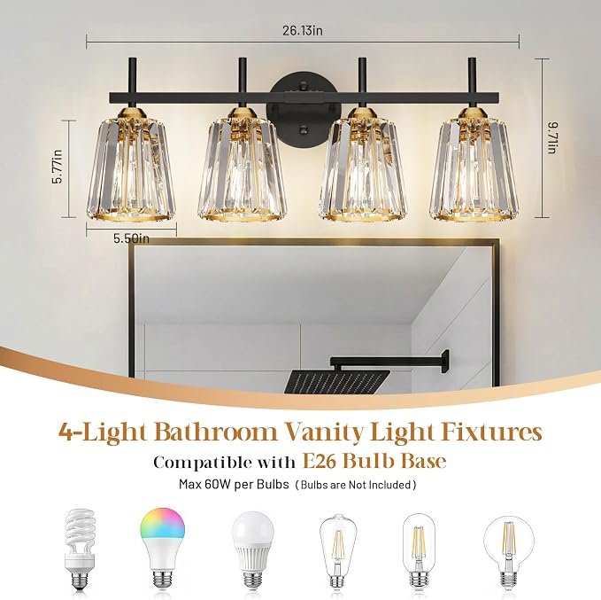Crystal Bathroom Light Fixtures Over Mirror, Black Gold 4-Light Bathroom Vanity Lights Over Mirror Modern Wall Lighting Sconces with Ceramic E26 Base (Bulbs Not Include)