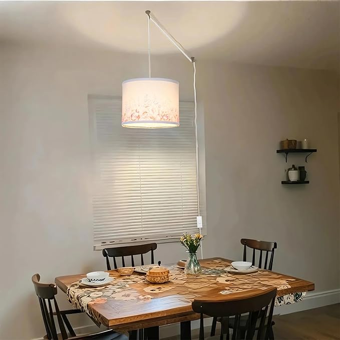 Plug in Pendant Light, Flower Planting Hanging Light with Plug in Cord, Hanging Lamp with 3-Way Dimmable Bulb, Farmhouse Pendant Light for Kitchen Dining Room Bedroom Entryway (Printing Shade)