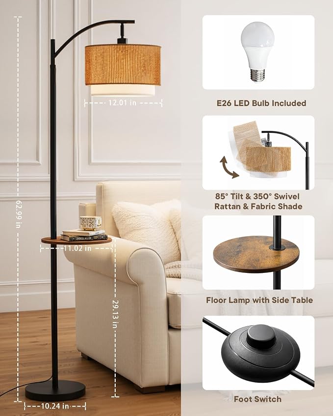 PESRAE Rattan Floor Lamp for Living Room with Side Table, Farmhouse Arc Floor Lamp with 3 Color Temperatures and Rattan & Fabric Lamp Shades, Boho Standing Lamp for Living Room, Bedroom Corner
