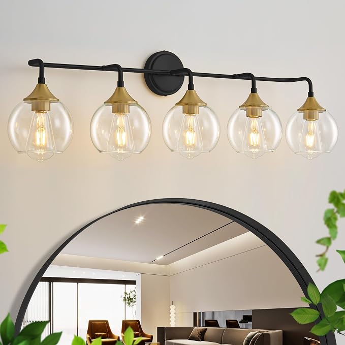 Bathroom Vanity Light 5-Light Black and Gold Vanity Light 39" | Modern Vanity Lighting Fixtures Over Mirror, Thickened Clear Glass Shade, UL E26 Dimmable Vanity Light Fixtures