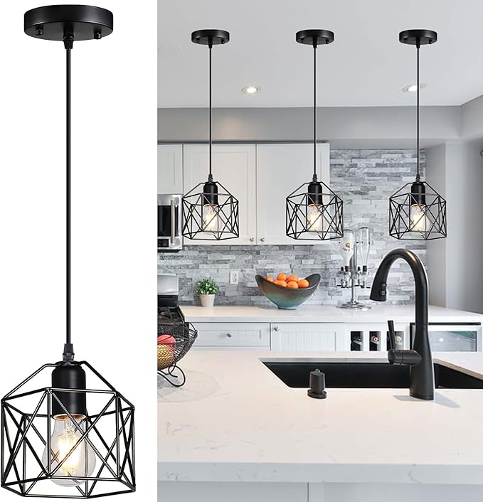 2 Pack 1 Light Vintage Hanging Light Pendant Light Fixture Farmhouse Basket Cage Hanging Ceiling Light，for Kitchen Island Dining Restaurant Room Hallway Hotel Bar Base Black Edison E26…