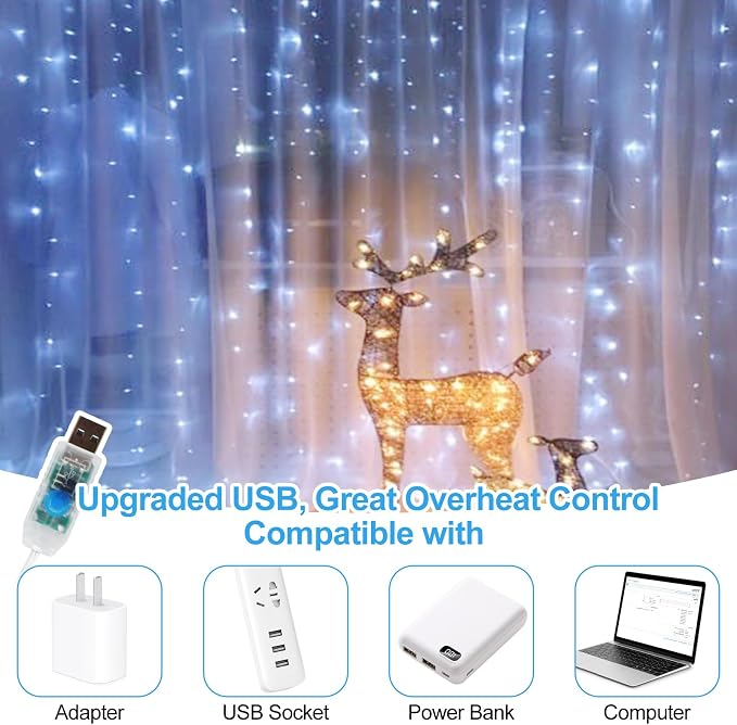 200 LED Fairy Curtain Lights, 6.6 x 6.6 FT Warm White USB Plug in 8 Modes String Hanging Lights with Remote for Christmas, Bedroom, Indoor, Outdoor, Weddings, Party (Cold White)
