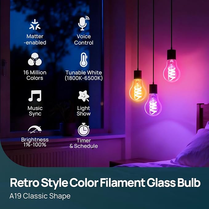 Linkind Matter A19 Smart Light Bulbs, Alexa/Apple/Google Home, 2Pack | Smart Edison Bulb, Voice Control, Music Sync&Light Show, 850LM Vintage Filament Bulb, 1800K-6500K White, E26 LED 60W Eqv