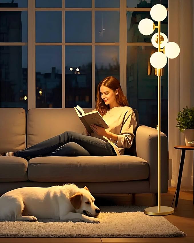 5 Light Modern Globe Floor Lamp Dimmable 64IN Tall Standing Lamps with 3000K Warm White Bulbs, Mid Century Gold Tree Floor Lamp for Living Room Bedroom Sofa Beside Home Decor