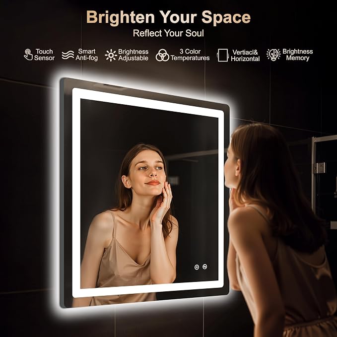 30x30 LED Bathroom Vanity Mirror with Lights, Anti-Fog, Dimmable | Front & Backlit with 3 Color Modes and Memory, 5mm Shatterproof Glass, Plug-in or Hardwired, Horizontal or Vertical