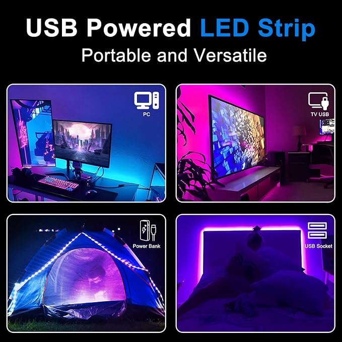 CHARKEE 50ft LED Lights USB-Powered, RGB Strip Lighting for Bedroom/TV Backlight/Gaming Lighting, Color Changing Bluetooth Led Lights with Smart App Control, Music Sync Sound Reaction