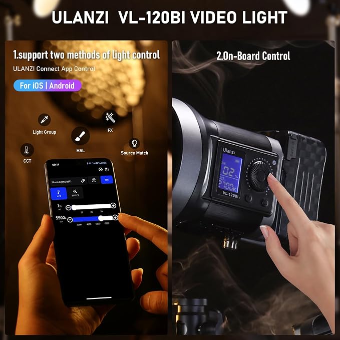 ULANZI 120W Bi-Color LED Video Light, 2700K-6500K 20700 lux/m COB Bowens Mount Photography Studio Light Continuous Output Lighting with APP Control, Adapter and V-Mount for Battery Powered, 6 Effects