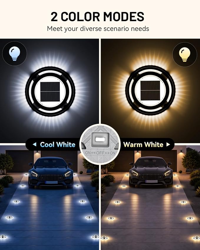 Solar Driveway Lights, 2 Pack Heavy Duty Driveway Lights Solar Powered 2 Color Mode (Cool/Warm White) IP68 Waterproof Outdoor Solar Deck Lights with Ground Stake for Pathway Garden Yard Walkway Dock