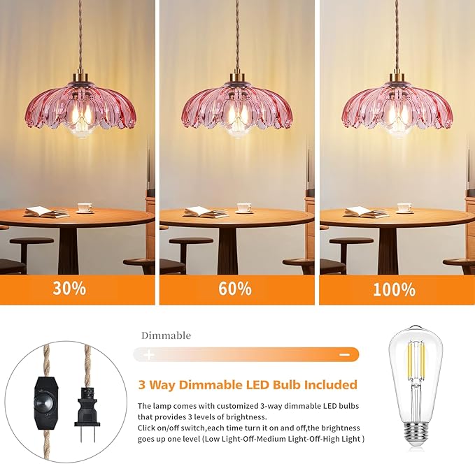 Pink Plug in Pendant Light Hanging Lights with Plug in Cord Boho Hanging Lamp Glass Gold Mid Century Modern Vintage Dimmable Flower Plug in Chandelier Ceiling Fixture for Living Room,Kitchen