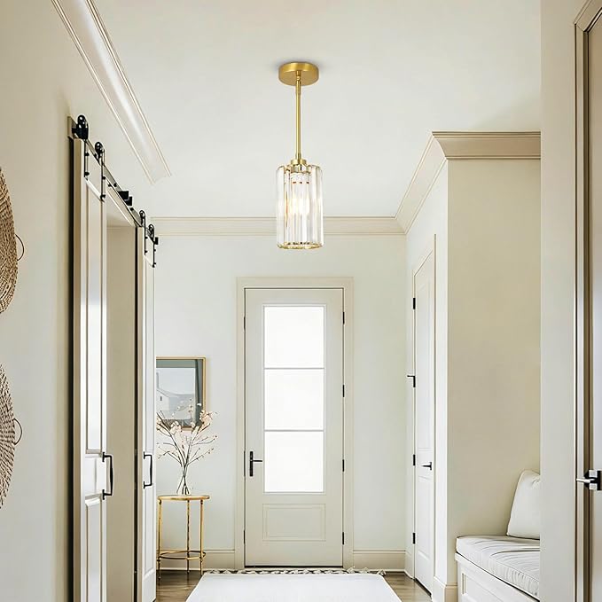 Crystal Pendant Lights, Modern Gold Pendant Lighting with Clear Glass Shade, Small Brass Chandelier Light Fixtures Ceiling Hanging for Dining Room Kitchen Island Bedroom Foyer Hallway