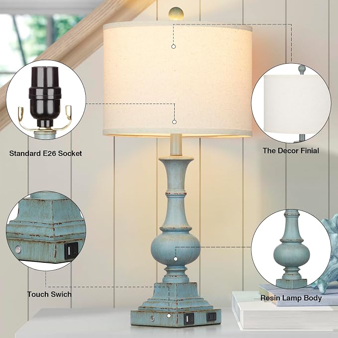 26" Farmhouse Table Lamps Set of 2, Rustic Touch Control Bedside Lamps with 2 USB Ports & AC Outlet, Vintage Resin 3-Way Dimmable Nightstand Lamp Linen Fabric Shade for Living Room Bedroom Decor Blue