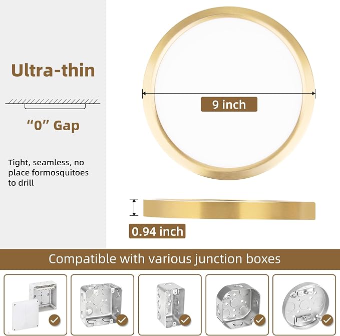 Hlite 9 Inch LED Flush Mount Ceiling Light,1800LM,4PacK,3CCT | 18W 3000K/4000K/5000K Selectable, Super Slim, Low Profile Round Ceiling Light Fixtures for Kitchen Bedroom Hallway,Gold