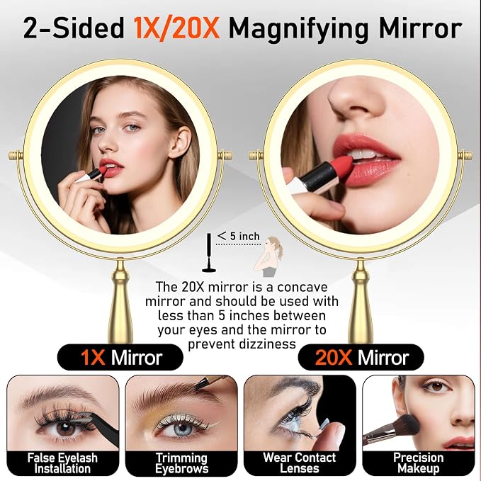 Vanity Mirror with Lights, 9'' Lighted Makeup Mirror, 1X/20X Double Sided Magnifying Mirror, 5000mAh Rechargeable, 3 Color Dimmable LED, 360° Rotation Desk Mirror for Makeup & Skincare, Gold