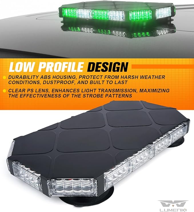 LUMENIX 56 LED Magnetic Roof Top Strobe Light Bar, Low Profile Hazard Warning Flashing Light for Service Vehicles, Utility Trucks, Security Support, Private Property Use – White Green