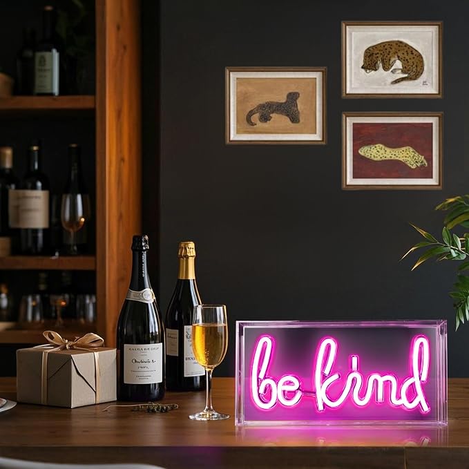 Be Kind Neon Sign, USB Powered LED Neon Light Box with ON/OFF Switch, 3D Acrylic Tabletop and Wall Decor for Girls Room, Bedroom, Classroom, Dorm, Home Office, Shelf, Christmas Birthday Gift (Pink）