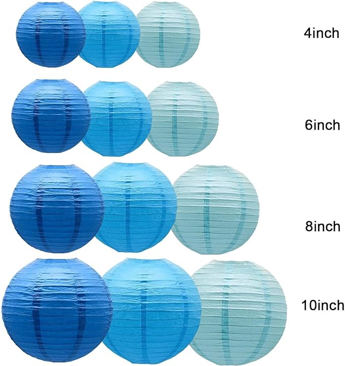 Blue Paper Lanterns Decorative,Hanging Chinese Lanterns Indoor Outdoor for Birthday, Wedding, Christmas, Bridal, Home Decor, Ceiling Decorations(Size of 4”, 6”, 8”, 10”,12Pcs)