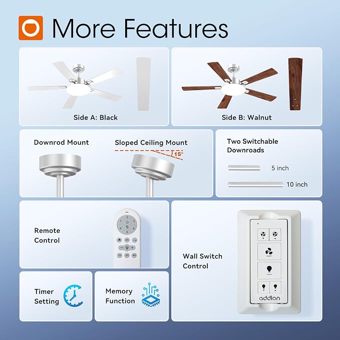 addlon 52 Inch Ceiling Fans with Lights and Remote Control, Wall Switch | Reversible DC motor, 6-speed, Timer, 3CCT Dimmable, Quiet, Silver Ceiling Fan for Bedroom, Living Room, Indoor/Outdoor Use