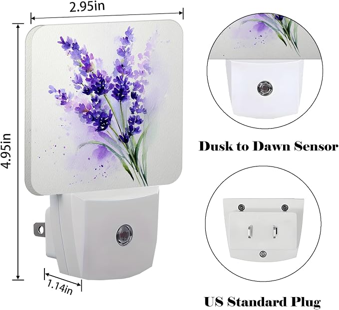 Purple Lavender Flowers Night Light,Wild PlantsPlug Into Wall for Boys Girls Bedroom Decorative Square Night Light Lamp 0.5w Sleep Friendly