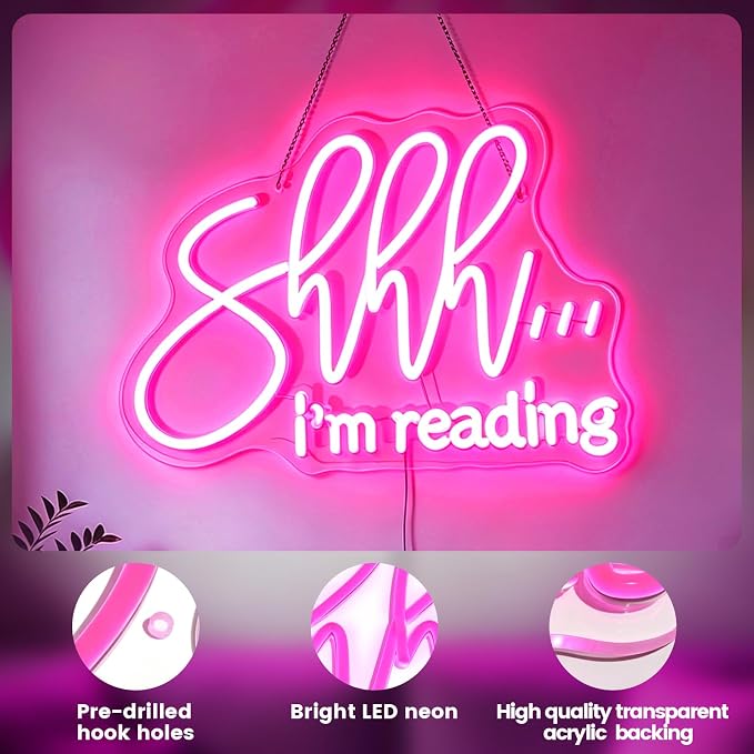Shhh I'm Reading Neon Sign for Wall Decor, Dimmable Reading LED Light, USB Powered Neon Sign for Classroom Library Study room, Gifts for Students Friends