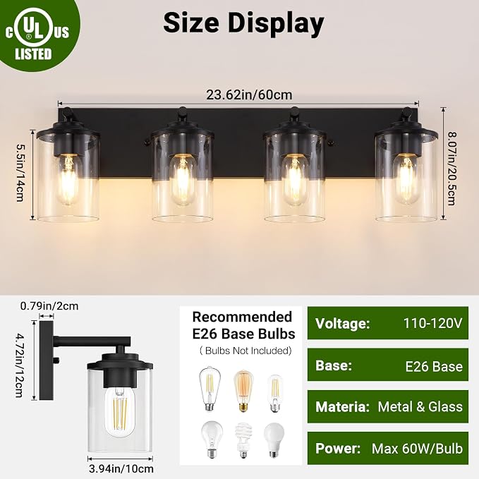4-Light Bathroom Lighting Fixtures Over Mirror, Matte Black Bathroom Vanity Lights with Clear Glass Shade, Modern Vanity Lighting Fixtures for Living Room, Bedroom, Hallway