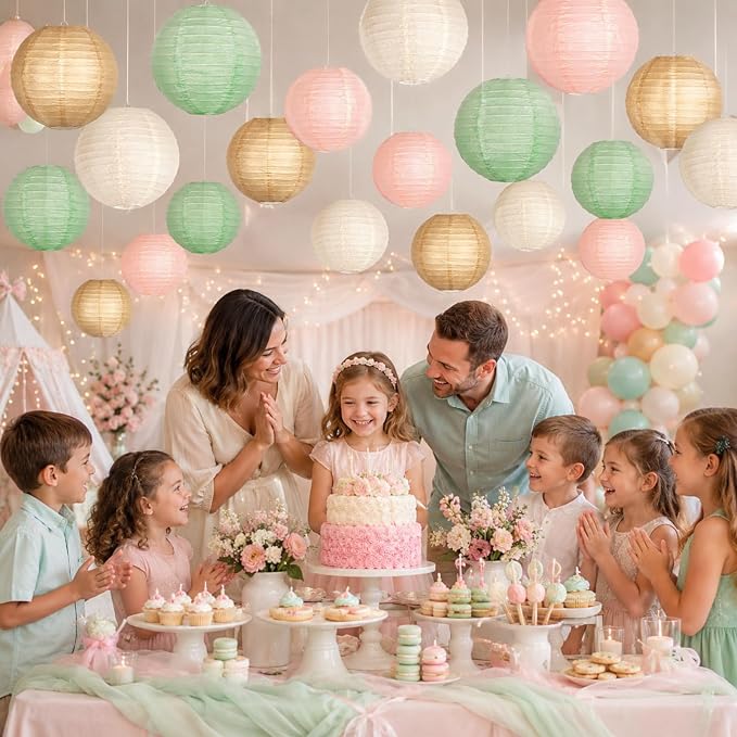21-Pack Pink, Sage Green & Brown Paper Lanterns, Pastel Party Decor | Round Hanging Set for Woodland Birthdays, Baby Showers, Bridal Events, Boho Weddings, Classroom & Office Decor