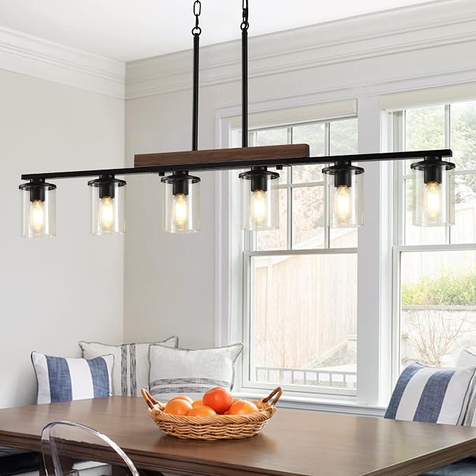 47.2" Farmhouse Dining Room Fixture Over Table, Black Chandelier | 6-Light, Modern Rustic Wood Frame, Adjustable Height, Clear Glass Shade, Ceiling Pendant Lighting for Kitchen Island