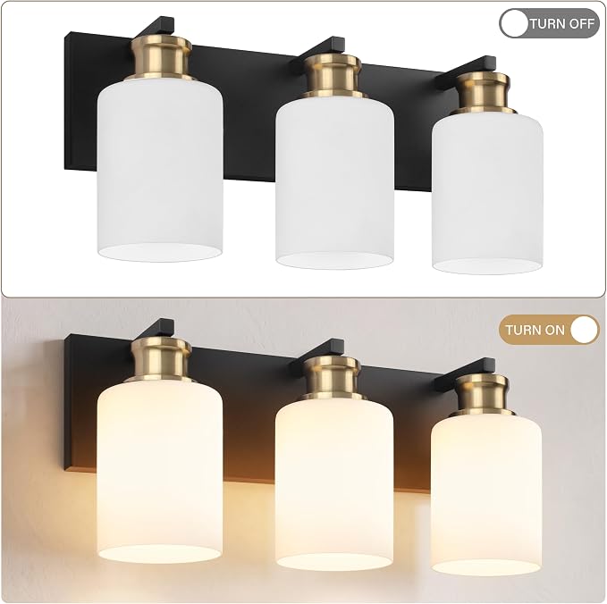 3-Light Bathroom Vanity Light, Black and Gold Vanity Lights for Bathroom | Bathroom Light Fixtures over Mirror with White Glass Shade, Modern Vanity Light Fixture, Wall Sconces Lighting, 16.5 Inch