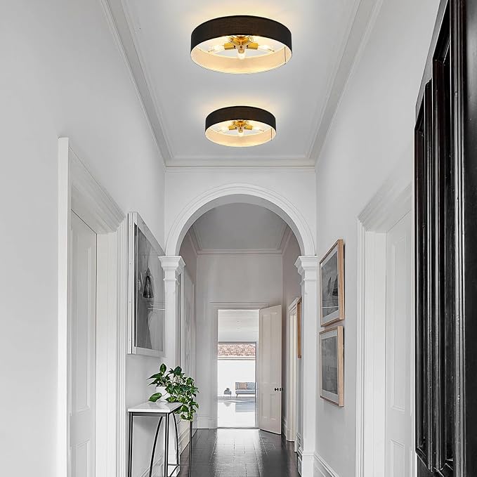 VILUXY Black and Gold Semi Flush Mount Ceiling Light Fixture, 24’’ Large Modern Ceiling Light with Linen Fabric Shade 5-Light Drum Ceiling Lamp for Bedroom Living Dining Room Enteyway