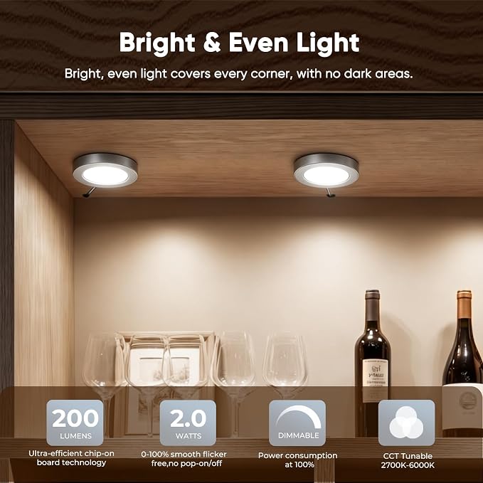VST 6 Pack Plug-in LED Under Cabinet Puck Lights, Wired Touch Dimmer Switch & RF Remote,CCT 2700K-6000K Adjustable ，Recessed & Surface Mount, 12V/2W UL Listed for Wardrobe Display(Silver, 6 Pack)