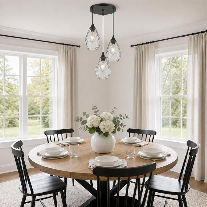 Black 3-Light Pendant Lighting, Modern Dining Room Light Fixture Over Table with Hammered Glass, Cluster Hanging Lights for Kitchen Island Dining Room