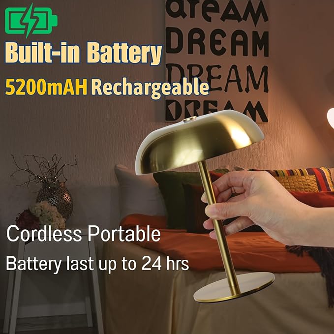 2 Pack Cordless Mushroom Table Lamp, Rechargeable, Dimmable 3 Color, Gold | Small, 8.46in, Portable, Easy to Assemble, Metal Structure, Rechargeable, Suitable for Bedroom, Café, and Bar Counter
