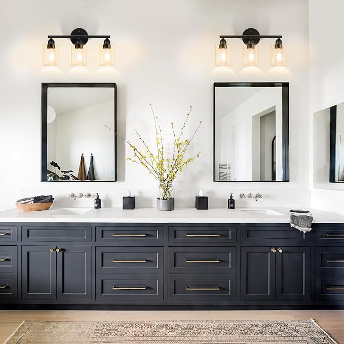 3-Light Bathroom Vanity Light Fixture, Black with Clear Amber Glass,17.3'' | Modern Wall Lamp, For Mirror