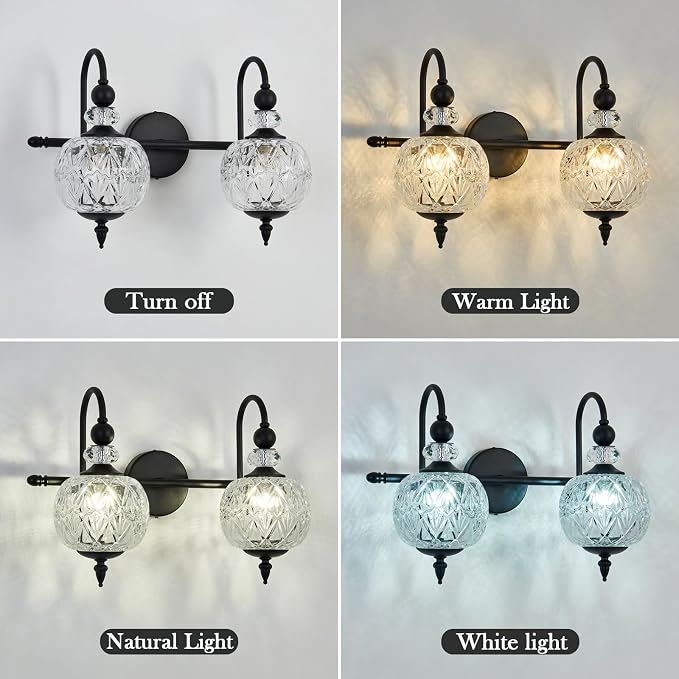 Piepooye Vintage Bathroom Light Fixtures Black Vanity Light with Glass Globe LampShade 2 Lights Mid Century G9 Bulb Wall Sconce Indoor Vanity Light Over Mirror for Kitchen Bedroom Farmhouse