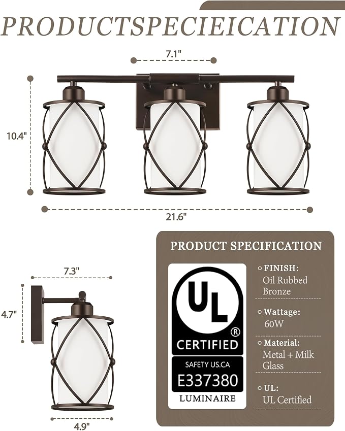 3-Light Oil Rubbed Bronze Bathroom Light Fixtures Over Mirror, 21" UL-Listed Modern Farmhouse Wall Sconce Lights with Milk White Frosted Glass and Metal Cage for Bath, E26, CH9176ORBW-3W