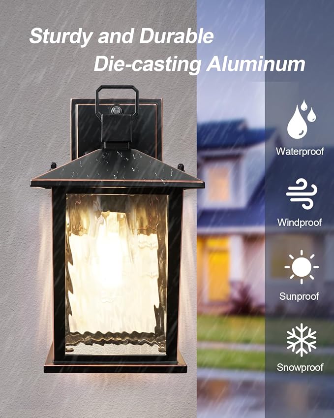 Dusk to Dawn Porch Light, Oil-Rubbed Bronze Outdoor Light Fixture | 1-Pack Outdoor Wall Light with Water Ripple Glass, Hardwired Aluminum Outside Wall Lantern, E26 Socket, Bulb Not Included