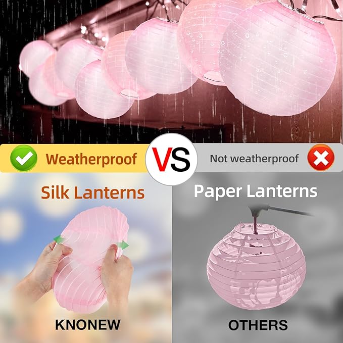 KNONEW 10 Pack 10'' Pink Outdoor Silk Lanterns Decorative Party Hanging Waterprooof Chinese Japanese Round Lanterns for Weddings, Birthdays, Parties Decoration (No Light Bulbs Included)